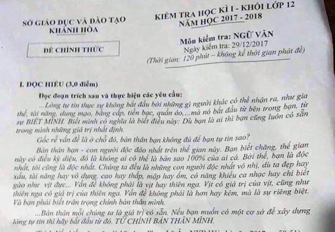 Ngoài đề toán,đề văn học kỳ I tại Khánh Hòa cũng bị nghi ngờ đã bị tiết lộ. Ảnh: PLO