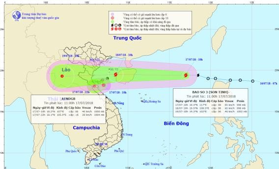 Hình ảnh đường đi của bão Sơn Tinh. Ảnh: NCHMF