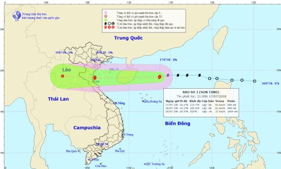 Bão Sơn Tinh đổ bộ vào bờ biển Bắc Bộ ngay trong tối 18/7