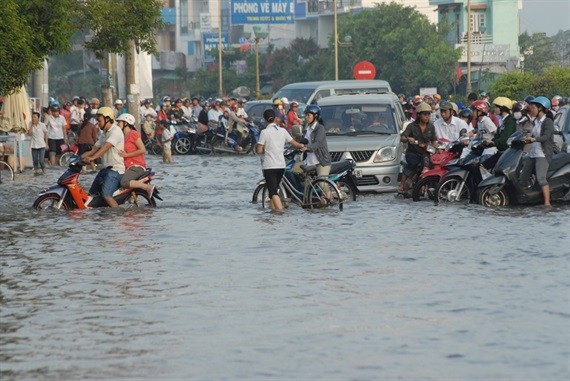 Các tuyến đường trũng thấp bị ngập lụt do triều cường. Ảnh: Nông Nghiệp