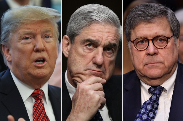 Tổng thống Donald Trump, luật sư Robert Mueller và Bộ trưởng Tư pháp William Barr