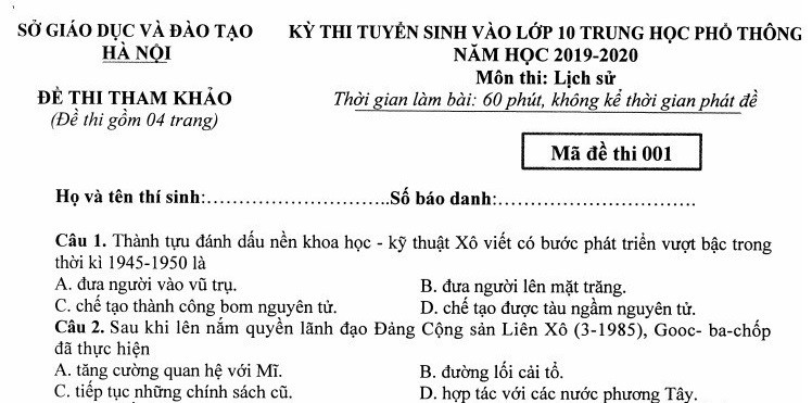 Đề thi môn Lịch sử được thí sinh Hà Nội đánh giá 'dễ thở'