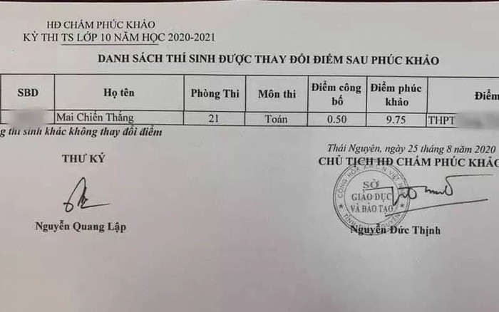 Thí sinh thi lớp 10 bị nhầm điểm từ 9,75 xuống 0,5