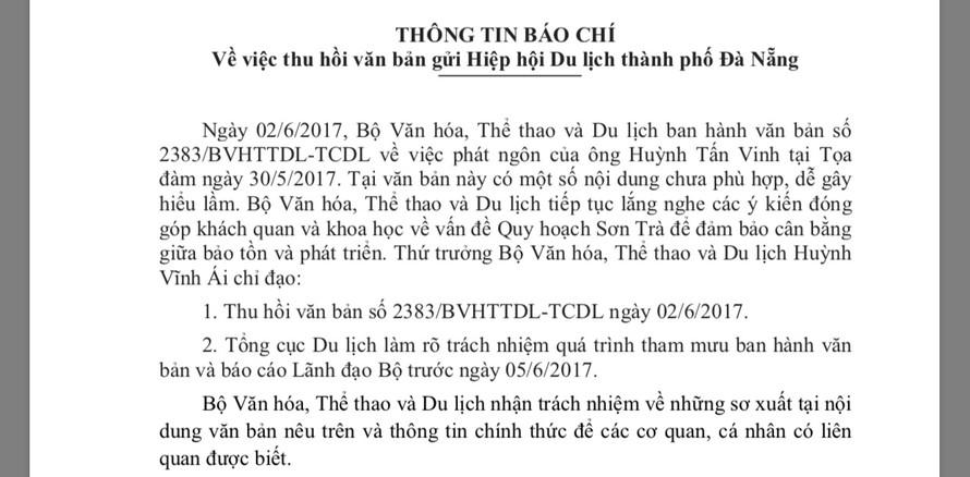 Thông báo của Bộ VHTTDL rút lại văn bản vừa ban hành