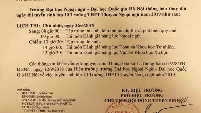 Trường THPT Chuyên Ngoại ngữ đổi ngày thi tuyển sinh vào lớp 10 năm 2019