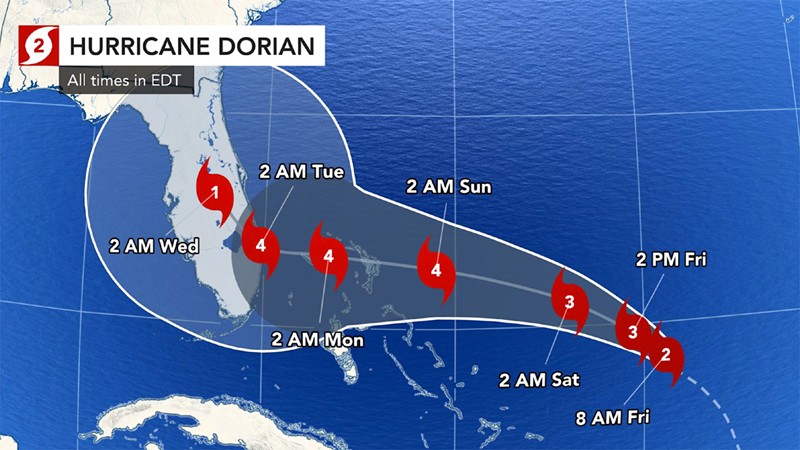 Dự báo đường đi của bão Dorian. Ảnh: AccuWeather