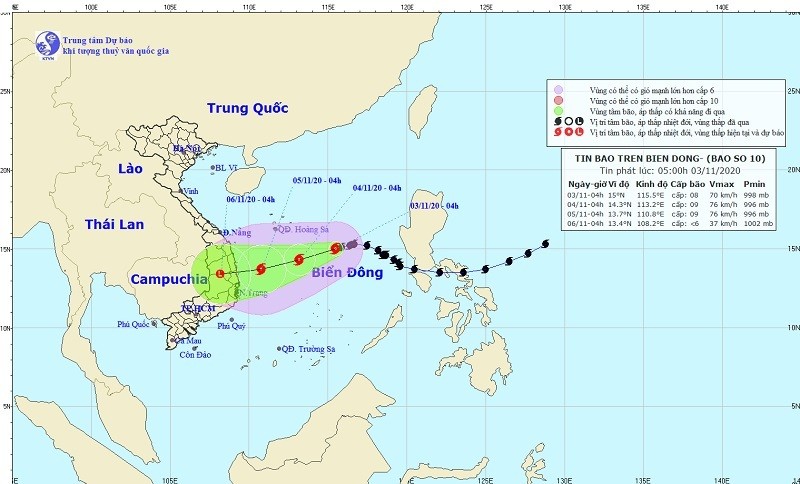 Hình ảnh vị trí và dự báo đường đi của bão số 10. (Nguồn: TTDBKTTVQG)