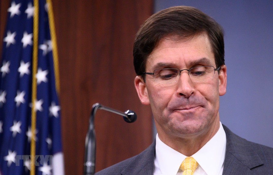 ộ trưởng Quốc phòng Mỹ Mark Esper trong cuộc họp báo tại Washington DC., ngày 28/8/2019. (Ảnh: AFP/TTXVN)