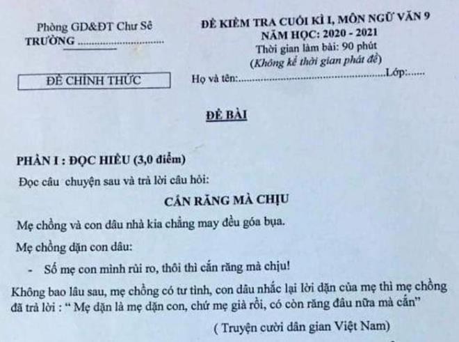 Đề thi Ngữ Văn lớp 9 có nội dung nhạy cảm.