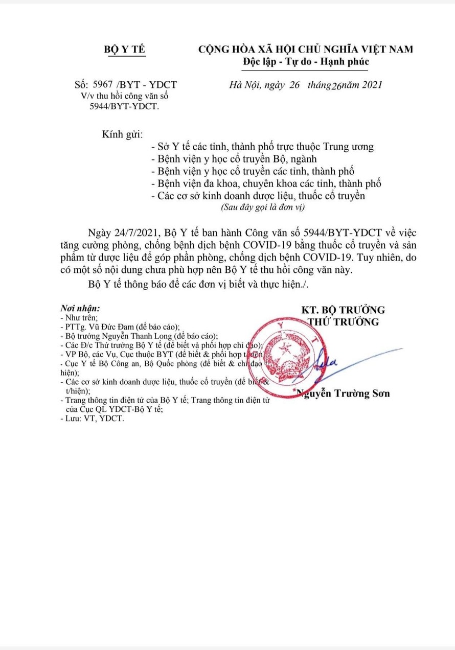 Thu hồi công văn sử dụng thuốc cổ truyền hỗ trợ điều trị COVID-19