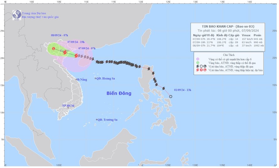 Bão số 3 cách Quảng Ninh-Thái Bình khoảng 150 km về phía Đông Đông Nam