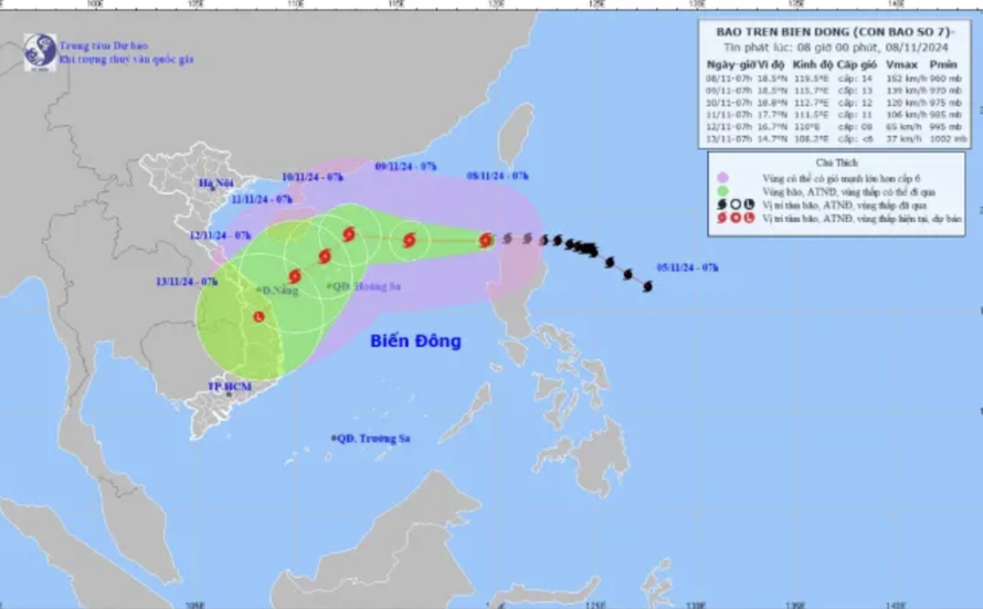 Bão số 7 di chuyển chậm hướng Tây, biển động dữ dội