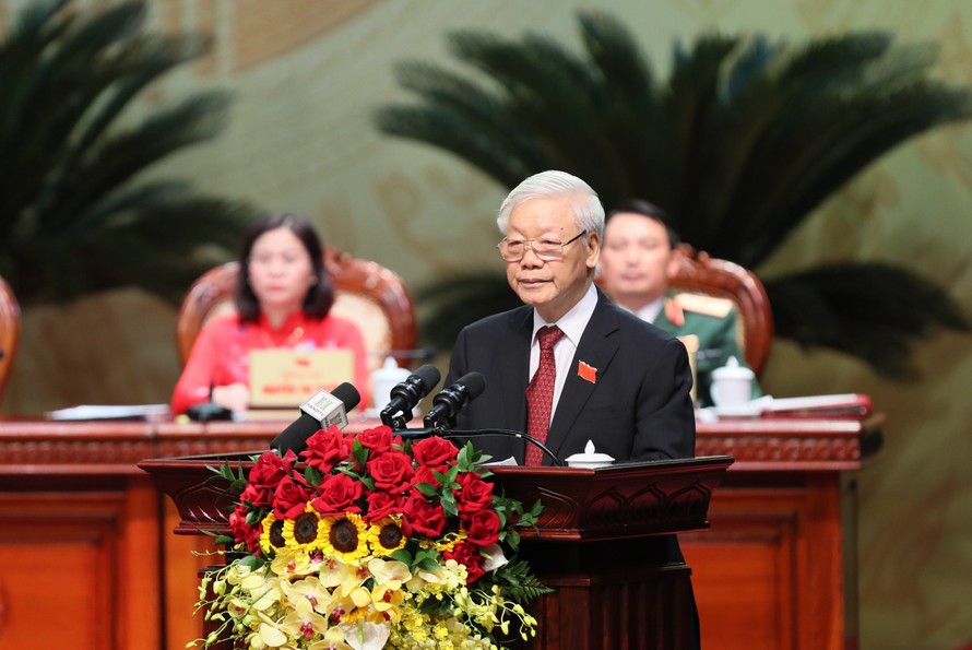 Tổng Bí thư, Chủ tịch nước Nguyễn Phú Trọng phát biểu chỉ đạo tại Đại hội lần thứ XVII Đảng bộ TP. Hà Nội. - Ảnh: VGP/Nhật Bắc