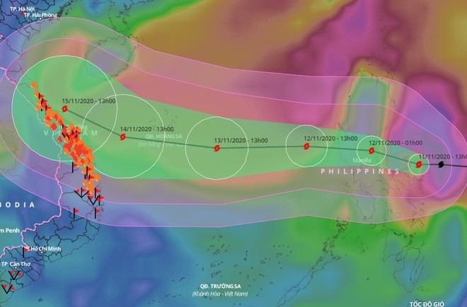 Dự báo đường đi của bão Vamco.