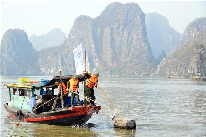 Lực lượng quân đội tham gia thu vớt rác thải từ hoạt động nuôi trồng thủy sản trôi dạt từ các nơi về vịnh Hạ Long.