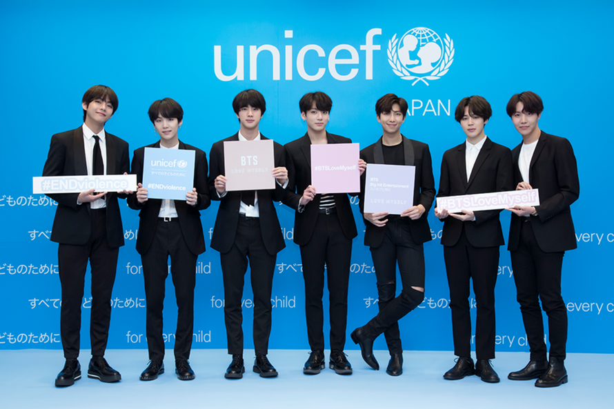 Nhóm nhạc BTS tại Lễ khởi động sáng kiến "Love Myself" của UNICEF tại Hàn Quốc. Ảnh: UNICEF