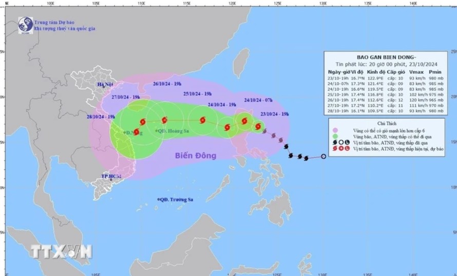 Đường đi của bão TRAMI, tối 23/10/2024. Ảnh: TTXVN phát