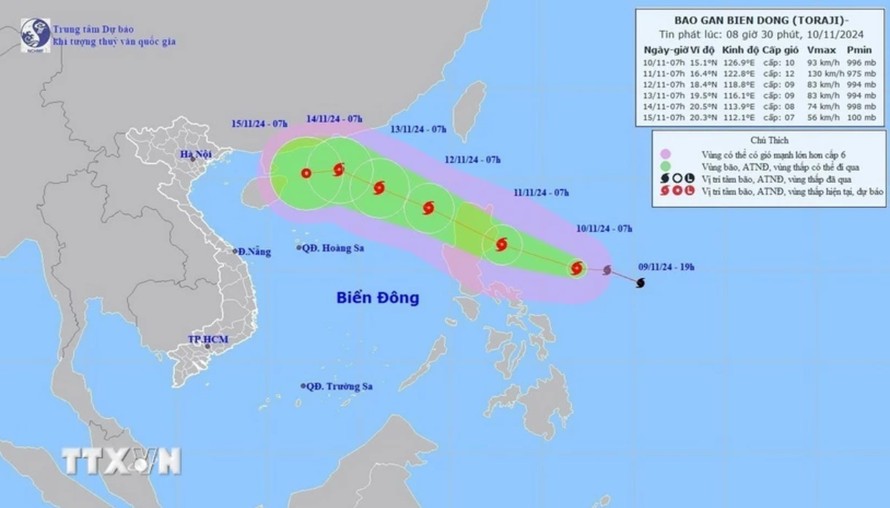 Đường đi của bão số 8 ngày 12/11/2024. Ảnh: TTXVN phát