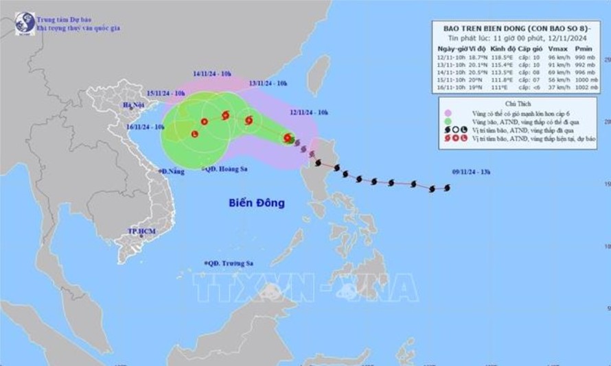 Đường đi của bão số 08 lúc 10h ngày 12/11/2024. Ảnh: TTXVN phát