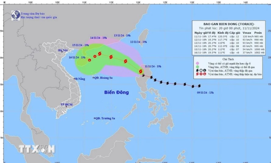 Đường đi của bão Toraji lúc 19h ngày 11/11/2024. Ảnh: TTXVN phát