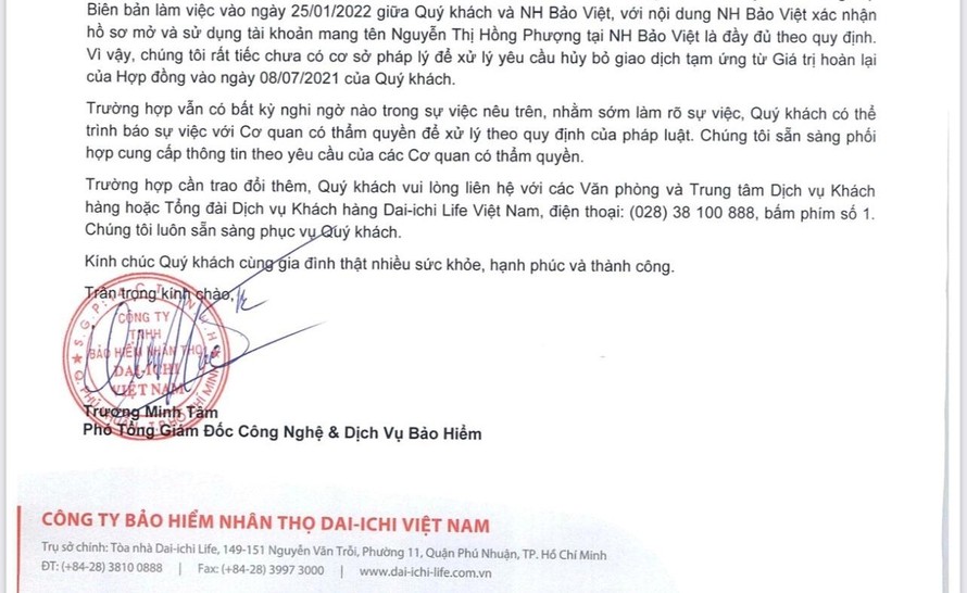 Thư phúc đáp của Dai-ichi gửi khách hàng, 