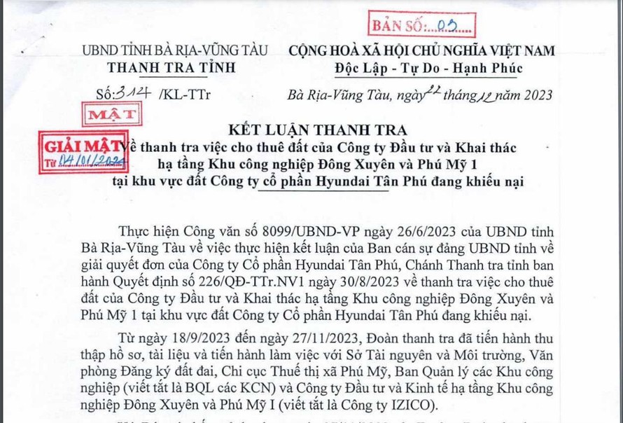 Kết luận Thanh tra 314 được đóng dấu “Mật” và “Giải Mật” sau 14 ngày.