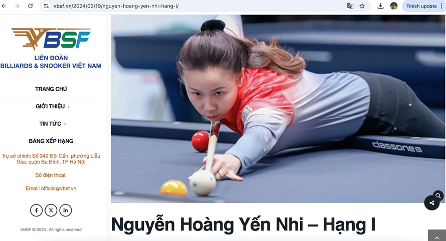 Trên bảng xếp hạng của Liên đoàn Billiards & Snooker Việt Nam, nữ cơ thủ Yến Nhi đang giữ vị trí số 1.