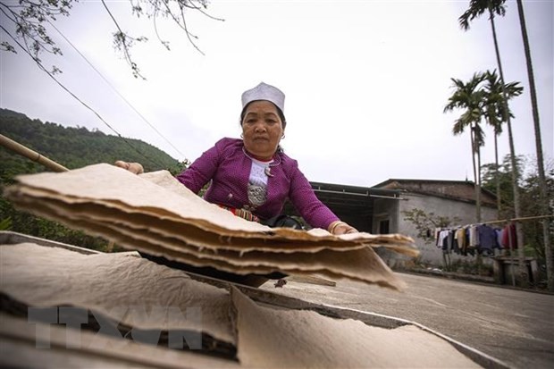 Bà Hoàng Thị Chi xóm Suối Cỏ, tham gia làm giấy Dó cùng gia đình ông Chúc cũng đã gần 20 năm, cẩn thật lật phơi những tờ giấy Dó thành phẩm.