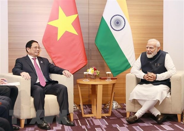 Thủ tướng Phạm Minh Chính hội kiến Thủ tướng Ấn Độ Narendra Modi trong chương trình làm việc tại Hiroshima, Nhật Bản, sáng 20/5/2023. Ảnh: Dương Giang/TTXVN.