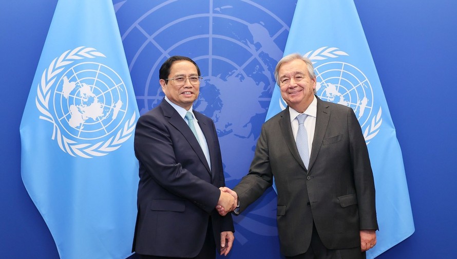 Thủ tướng Phạm Minh Chính gặp Tổng thư ký Liên hợp quốc Antonio Guterres. Ảnh: Dương Giang/TTXVN.