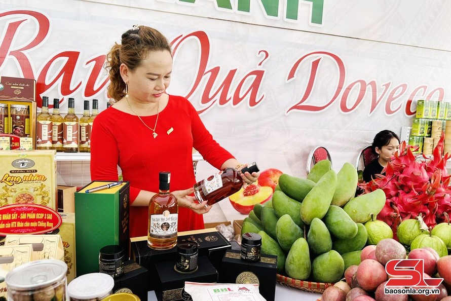 Sản phẩm cao, rượu sâm Ngọc Linh trưng bày tại lễ khánh thành Trung tâm chế biến rau, củ, quả DOVECO.