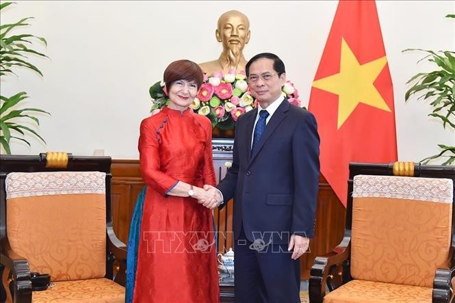 Bộ trưởng Ngoại giao Bùi Thanh Sơn tiếp bà Simona-Mirela Miculescu, Chủ tịch Đại hội đồng UNESCO ngày 25/4. Ảnh: TTXVN.