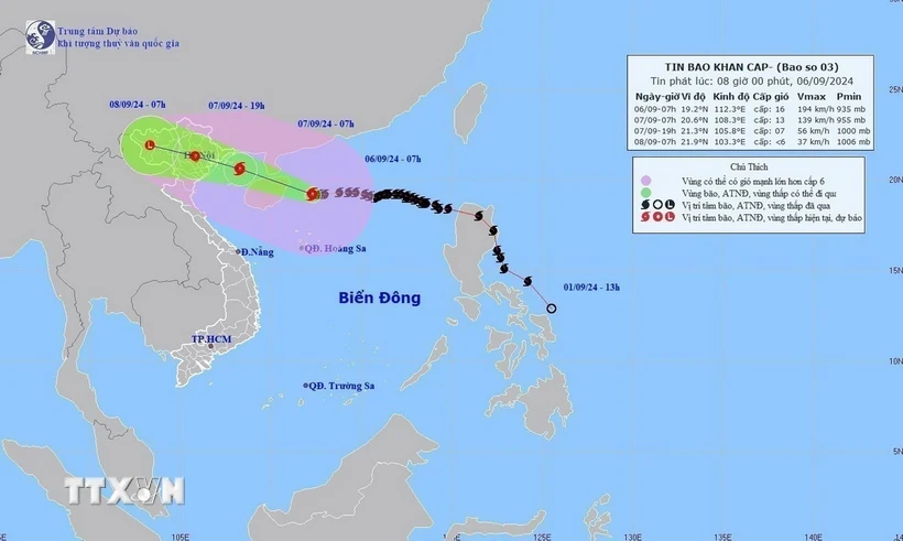 Bản đồ đường đi của Bão số 3, lúc 7h ngày 6/9/2024. Ảnh: TTXVN.