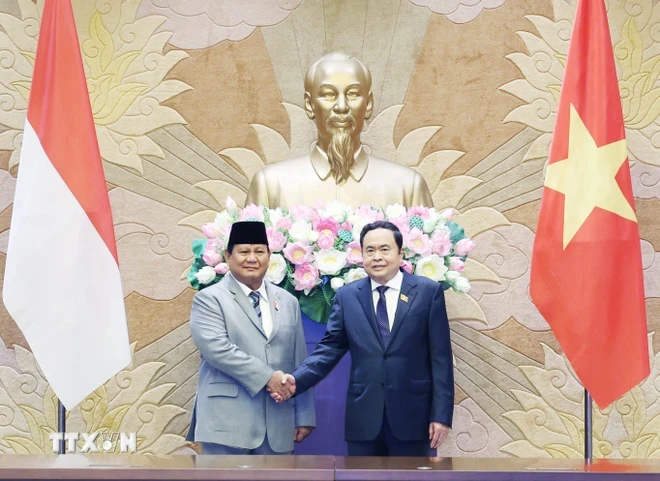 Chủ tịch Quốc hội Trần Thanh Mẫn hội kiến Tổng thống đắc cử Indonesia Prabowo Subianto. Ảnh: Thống Nhất/ TTXVN.