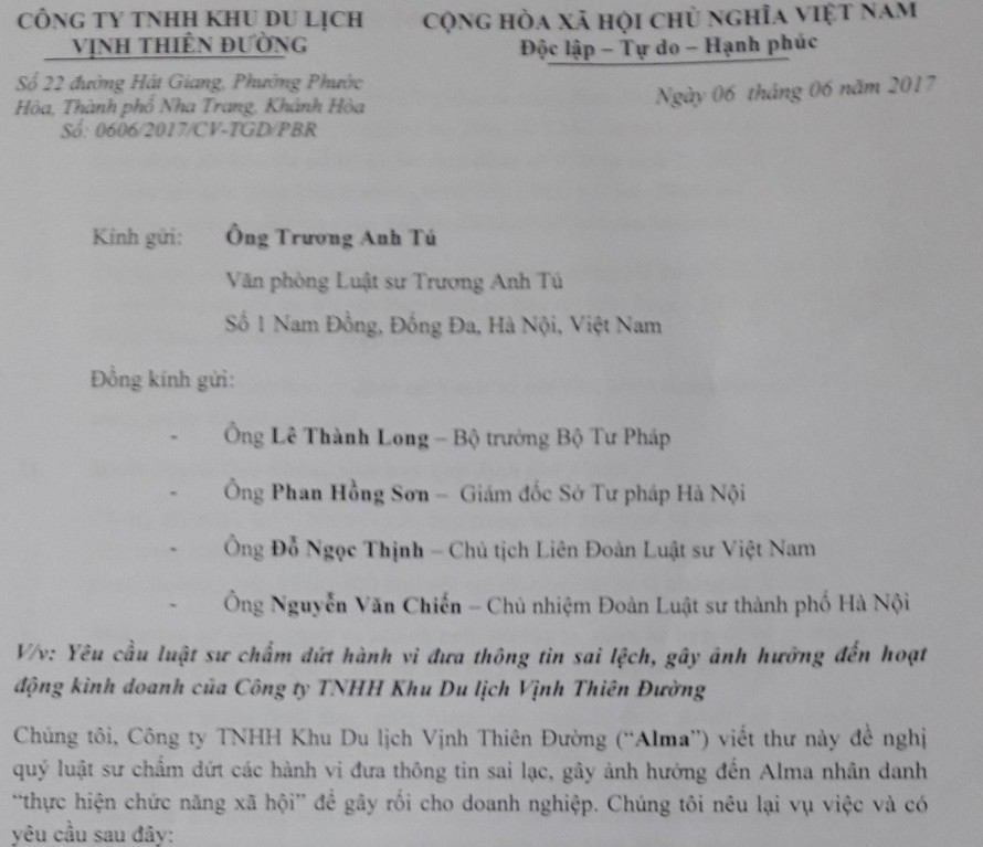 Phía ALMA gửi công văn yêu cầu Luật sư Trương Anh Tú không được bảo vệ quyền lợi khách hàng 