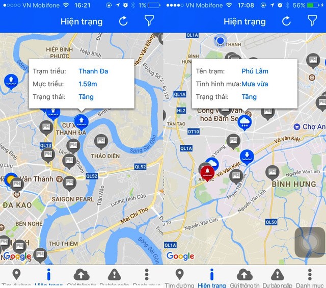 Người dùng có thể click vào các biểu tượng để xem thông tin triều cường, lượng mưa tại các trạm đo