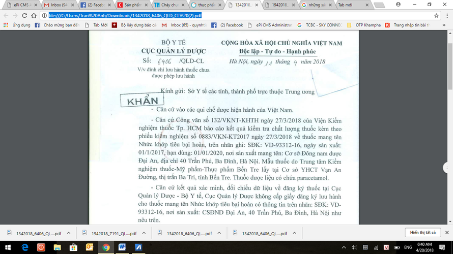 Công văn khẩn đình chỉ thuốc Nhức khớp tê bại hoàn của Cơ sở Đông Nam dược Đại An. 