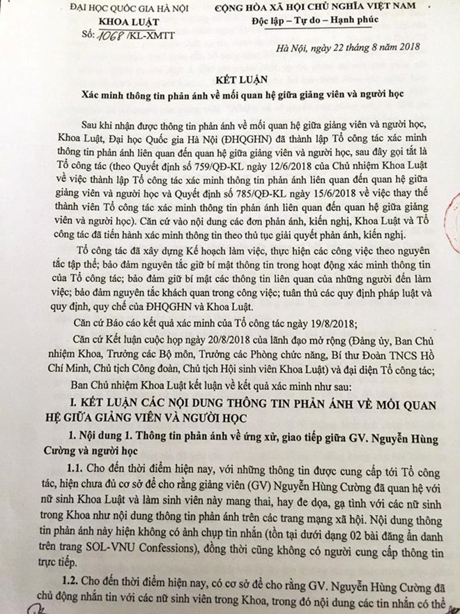 Văn bản kết luận vụ việc của khoa Luật được đưa ra sau khi tổ công tác của khoa phân tích các tài liệu chứng cứ và đối thoại với các bên liên quan.