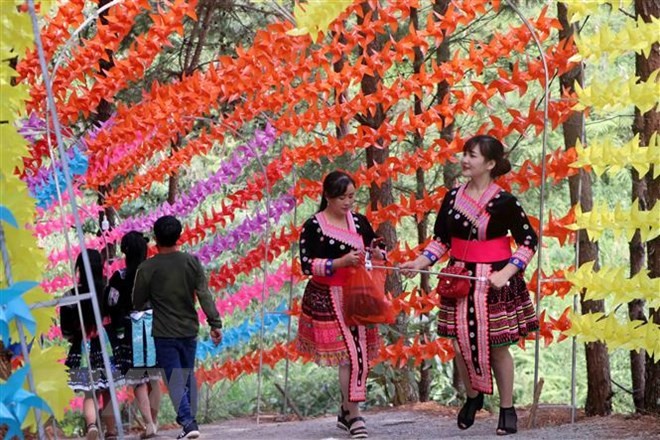 Đường lên khu du lịch đồi thông được trang trí bởi hàng nghìn chiếc chong chóng với đủ màu sắc