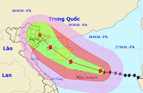 Đường đi của bão theo dự báo của Trung tâm khí tượng và thủy văn Trung ương. Ảnh: NCHMF