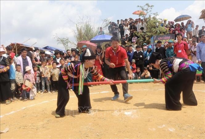 Chơi đẩy gậy tại Ngày hội văn hoá dân tộc Lô Lô huyện Bảo Lâm năm 2024. Ảnh: TTXVN phát
