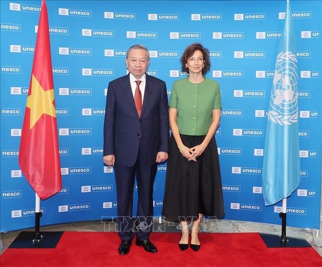 Tổng Giám đốc UNESCO Audrey Azoulay với Tổng Bí thư, Chủ tịch nước Tô Lâm. Ảnh: Trí Dũng/ TTXVN