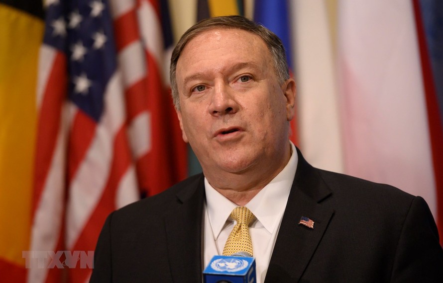 Ngoại trưởng Mỹ Mike Pompeo phát biểu tại cuộc họp báo ở New York ngày 20/8/2019. (Ảnh: AFP/TTXVN)