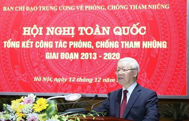 Tổng Bí thư, Chủ tịch nước Nguyễn Phú Trọng, Trưởng Ban Chỉ đạo Trung ương về phòng, chống tham nhũng phát biểu kết luận hội nghị. (Ảnh: Phương Hoa/TTXVN)