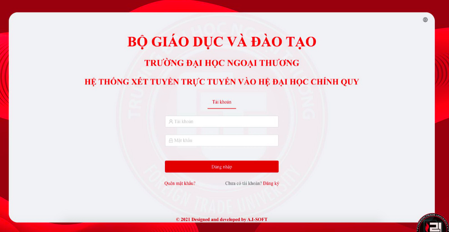 Giao diện đăng ký xét tuyển trực tuyến chính thức của Trường Đại học Ngoại thương. Ảnh: LV