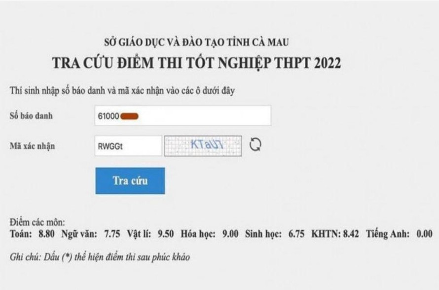 Kết quả công bố điểm thi, tổng điểm các môn thi của thí sinh H.N.T là 50,22 điểm, nhưng thí sinh không được xét tốt nghiệp THPT vì có môn thi bị điểm liệt. Ảnh: CMH.