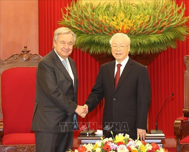 Tổng Bí thư Nguyễn Phú Trọng tiếp Tổng Thư ký Liên hợp quốc António Guterres. Ảnh: Trí Dũng /TTXVN