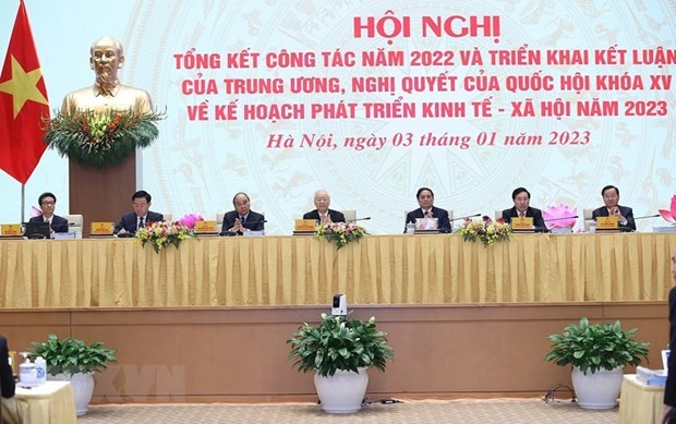 Tổng Bí thư Nguyễn Phú Trọng, Chủ tịch nước Nguyễn Xuân Phúc, Chủ tịch Quốc hội Vương Đình Huệ, Thủ tướng Phạm Minh Chính và các phó thủ tướng dự, chủ trì và điều hành hội nghị. (Ảnh: Dương Giang/TTXVN)