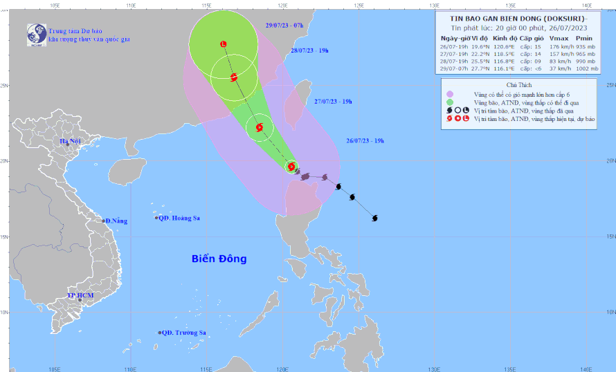 Hướng đi của bão Doksuri. Ảnh: nchmf.gov.vn