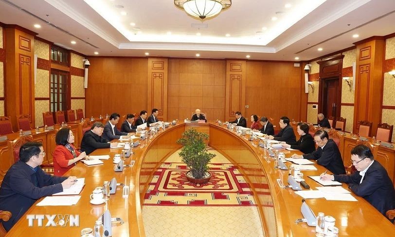 Tổng Bí thư Nguyễn Phú Trọng phát biểu kết luận phiên họp đầu tiên Tiểu ban Nhân sự Đại hội XIV của Đảng. Ảnh: Trí Dũng/TTXVN